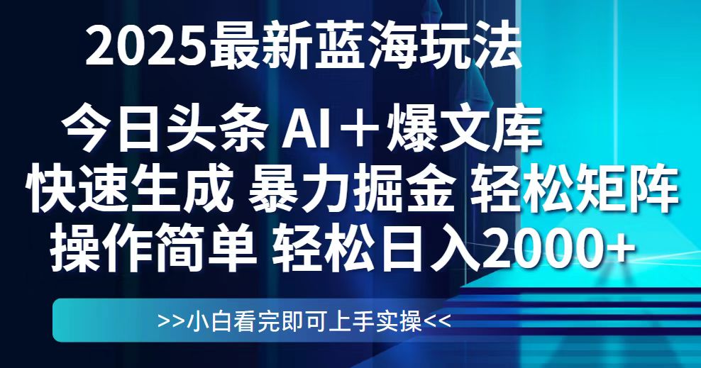 今日头条2025最新蓝海玩法，思路简单，复制粘贴，轻松实现矩阵日入2000+-黑斯坦丁项目网