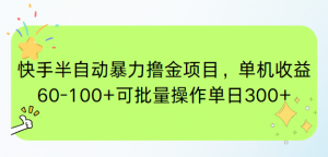 快手半自动暴力撸金项目，单机收益60-100+可批量操作单日300+-黑斯坦丁项目网