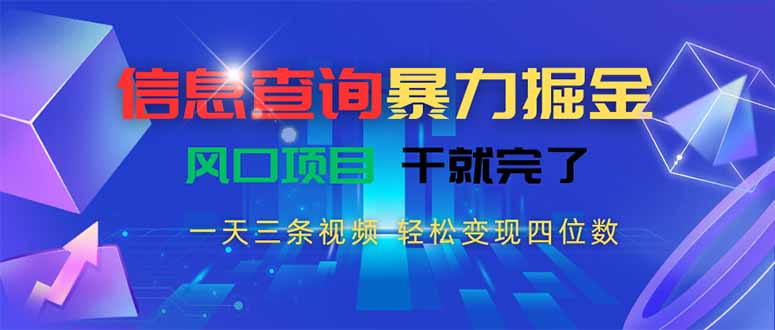 信息查询暴力掘金，一天三条视频 轻松变现四位数，风口项目干就完了-黑斯坦丁项目网