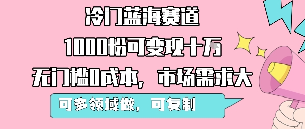 冷门蓝海赛道，1000粉可变现十W，无门槛0成本，市场需求大，可多领域做，可复制性强-黑斯坦丁项目网