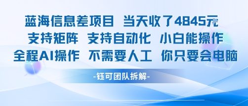蓝海信息差项目当天收米1k+ 支持矩阵支持自动化小白能操作全程AI操作不需要人工你只要会电脑-黑斯坦丁项目网