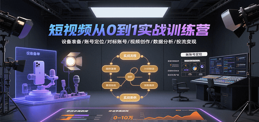 短视频从0到1实战训练营：设备准备/账号定位/对标账号/视频创作/数据分析/投流变现-黑斯坦丁项目网