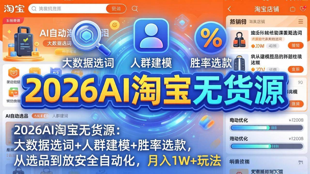 （17812期）2026AI淘宝无货源：大数据选词+人群建模+胜率选款，从选品到放大全自动化，月入1W+玩法-黑斯坦丁项目网