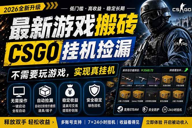 （18182期）最新游戏搬砖，CSGO纯挂机，不需要玩游戏，实现真挂机，月入1W+，五一小高峰上车可吃肉，…-黑斯坦丁项目网