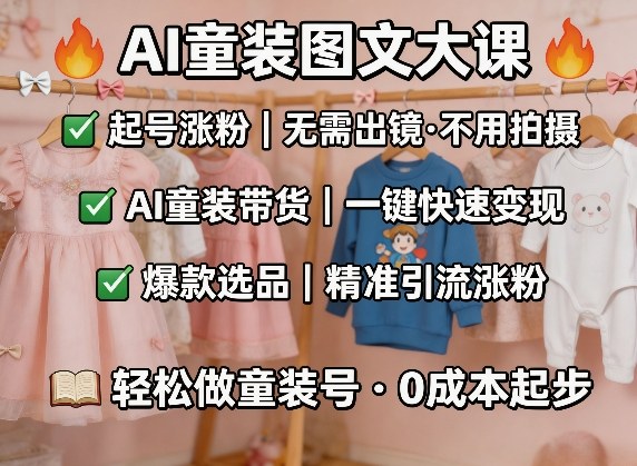 AI童装图文剪辑，某社群童装图文大课，起号涨粉、AI童装带货、爆款选品，无需出镜和拍摄-黑斯坦丁项目网