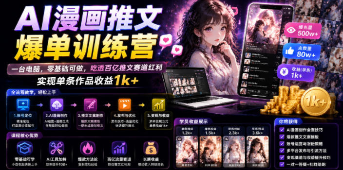 AI漫画推文爆单训练营，一台电脑，零基础可做，吃透百亿推文赛道红利，实现单条作品收益1k+-黑斯坦丁项目网