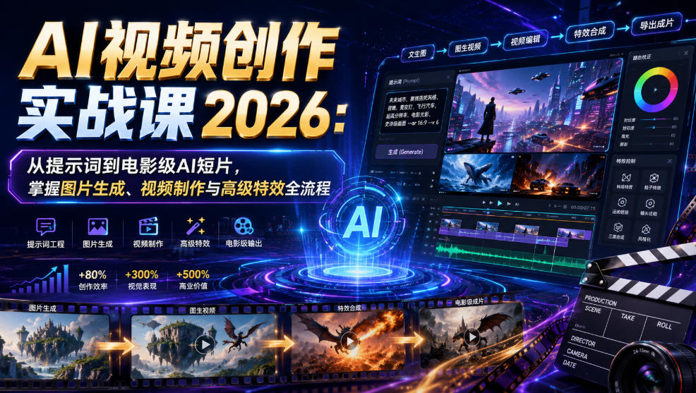 AI视频创作实战课2026：从提示词到电影级AI短片，掌握图片生成、视频制作与高级特效全流程-黑斯坦丁项目网