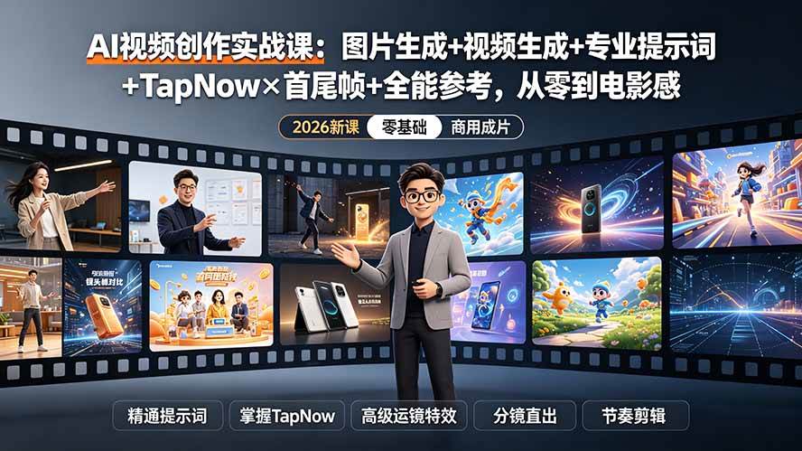 （19383期）AI视频创作实战课：图片生成+视频生成+专业提示词+TapNow×首尾帧+全能参考，从零到电影感成片-黑斯坦丁项目网