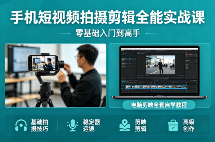 手机短视频拍摄剪辑全能实战课：零基础入门到高手，稳定器运镜+电脑剪映全套自学教程-黑斯坦丁项目网