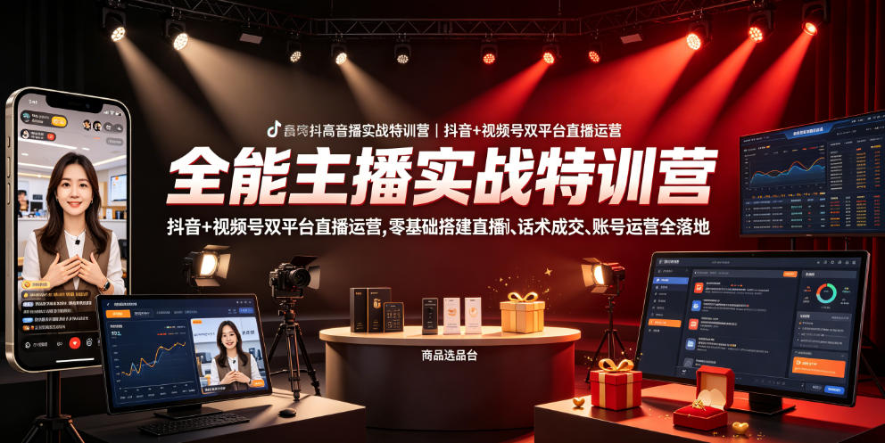 全能主播实战特训营｜抖音+视频号双平台直播运营，零基础搭建直播间、精准选品、话术成交、账号运营全落地-黑斯坦丁项目网
