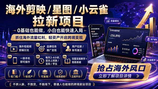 （18567期）海外剪映 / 星图 / 小云雀拉新项目 普通人也能上手的跨境流量变现副业-黑斯坦丁项目网