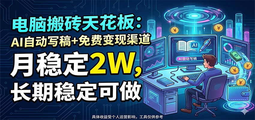 电脑搬砖天花板：AI自动写稿+免费变现渠道，月稳定2W，长期稳定可做-黑斯坦丁项目网