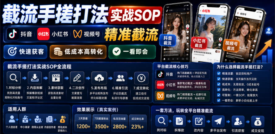 截流手搓打法实战SOP，抖音小红书视频号精准截流，快速获客，低成本高转化，一看即会-黑斯坦丁项目网