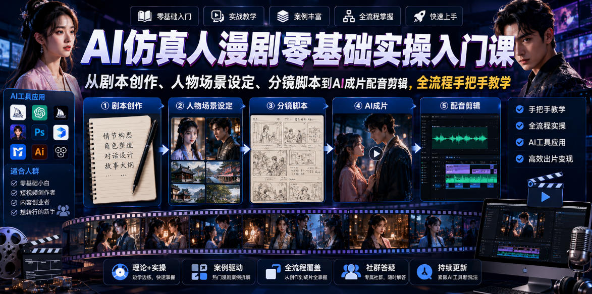 AI仿真人漫剧零基础实操入门课，从剧本创作、人物场景设定、分镜脚本到AI成片配音剪辑，全流程手把手教学-黑斯坦丁项目网