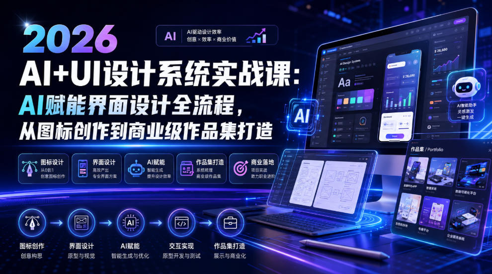 2026 AI+UI设计系统实战课：AI赋能界面设计全流程，从图标创作到商业级作品集打造-黑斯坦丁项目网