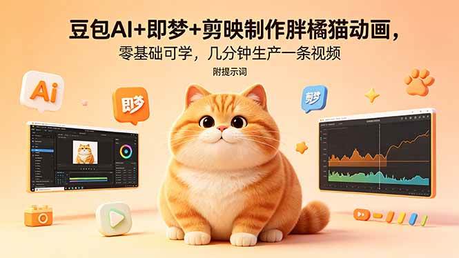 (18431期)豆包AI+即梦+剪映制作胖橘猫动画,零基础可学,几分钟生产一条视频,附提示词-黑斯坦丁项目网