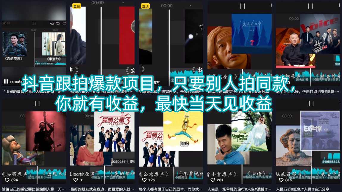 抖音跟拍爆款项目，只要别人拍同款，你就有收益，最快当天见收益-黑斯坦丁项目网