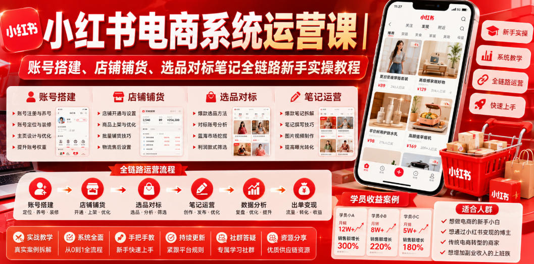小红书电商系统运营课｜账号搭建、店铺铺货、选品对标笔记全链路新手实操教程-黑斯坦丁项目网