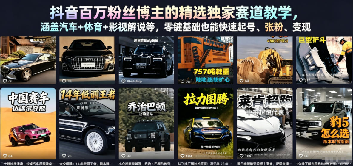 抖音百万粉丝博主的精选独家赛道教学，涵盖汽车+体育+影视解说等，零基础也能快速起号、涨粉、变现（更新0701）-黑斯坦丁项目网