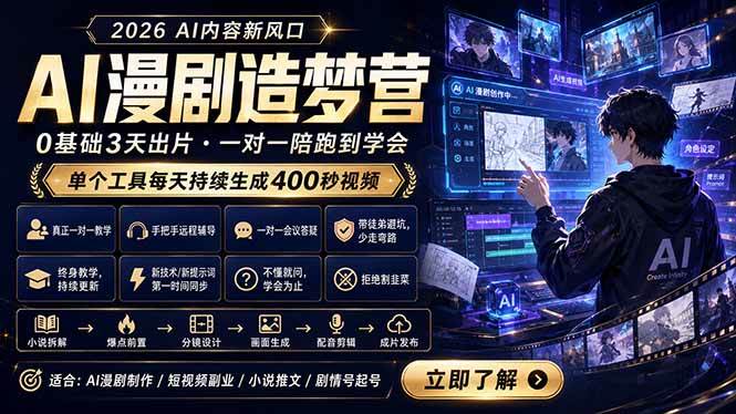（18568期）AI漫剧造梦营：0基础3天出片，单个工具每天持续生成400秒视频-黑斯坦丁项目网