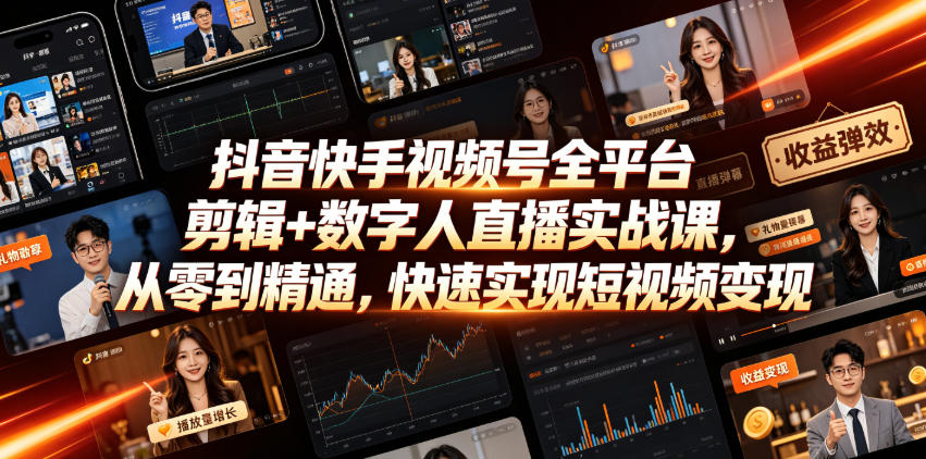 抖音快手视频号全平台剪辑+数字人直播实战课，从零到精通，快速实现短视频变现(更新2026年6月)-黑斯坦丁项目网
