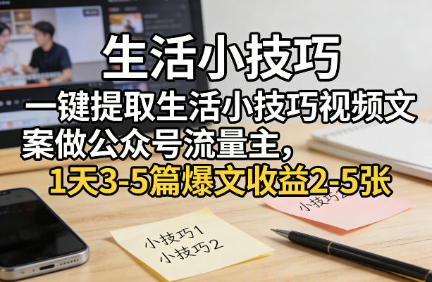 一键提取生活小技巧视频文案做公众号流量主，1天3-5篇爆文收益2-5张-黑斯坦丁项目网