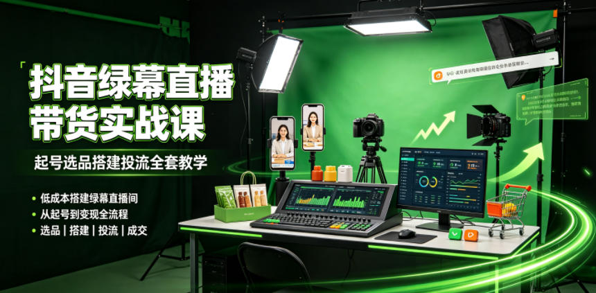 某社群抖音绿幕直播带货实战课，起号选品搭建投流全套教学，低成本搭建绿幕直播间-黑斯坦丁项目网