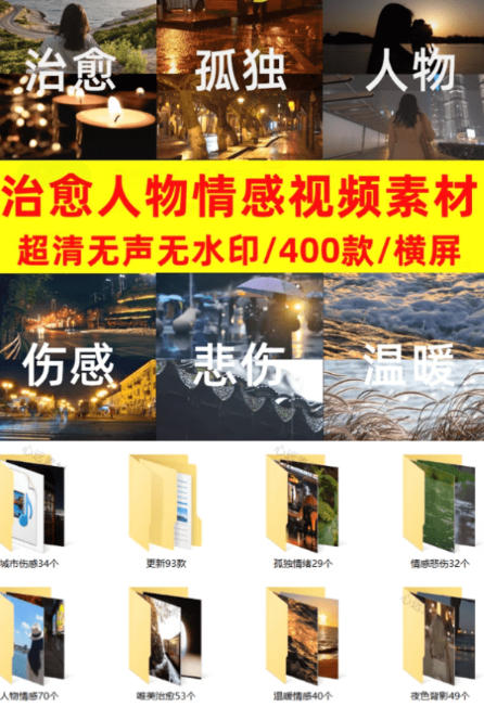 爆款短视频常用视频素材！抖音治愈伤感人物情感视频素材，400款合集，无声无水印，视频感氛围拉满-黑斯坦丁项目网