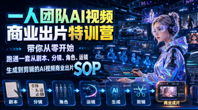 一人团队AI视频商业出片实战课：带你从零开始跑通一套从剧本、分镜、角色、运镜、生成到剪辑的AI视频商业出片SOP-黑斯坦丁项目网
