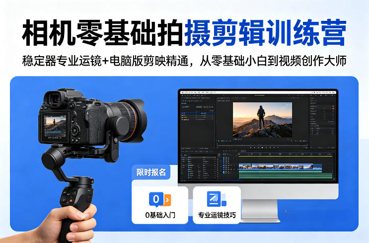 相机零基础拍摄剪辑训练营：稳定器专业运镜+电脑版剪映精通，从零基础小白到视频创作大师-黑斯坦丁项目网