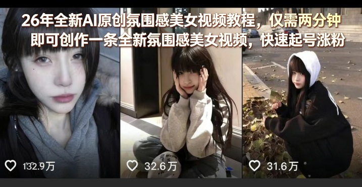 26年全新AI原创氛围感美女视频教程，仅需两分钟即可创作一条全新氛围感美女视频，快速起号涨粉-黑斯坦丁项目网