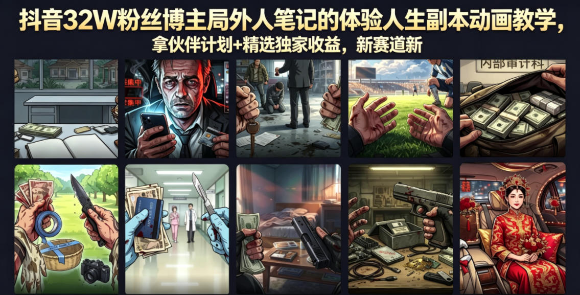 抖音32W粉丝博主局外人笔记的体验人生副本动画教学，拿伙伴计划+精选独家收益，新赛道新涨粉快【录制版】-黑斯坦丁项目网