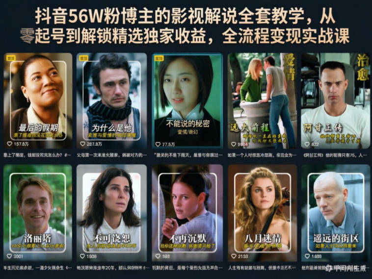 抖音56W粉博主的影视解说全套教学，从零起号到解锁精选独家收益，全流程变现实战课-黑斯坦丁项目网