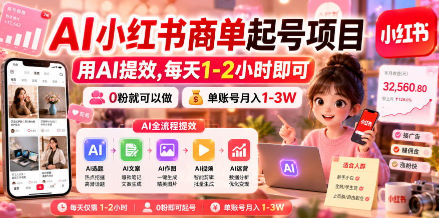 AI小红书商单起号项目，用AI提效,每天1-2小时即可，0粉就可以做，单账号月入1-3W-黑斯坦丁项目网