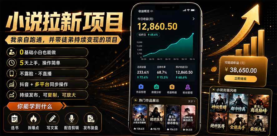（19379期）抖音及多平台小说拉新项目：我亲自跑通并持续带徒弟实操｜0基础小白5天上手快速变现-黑斯坦丁项目网