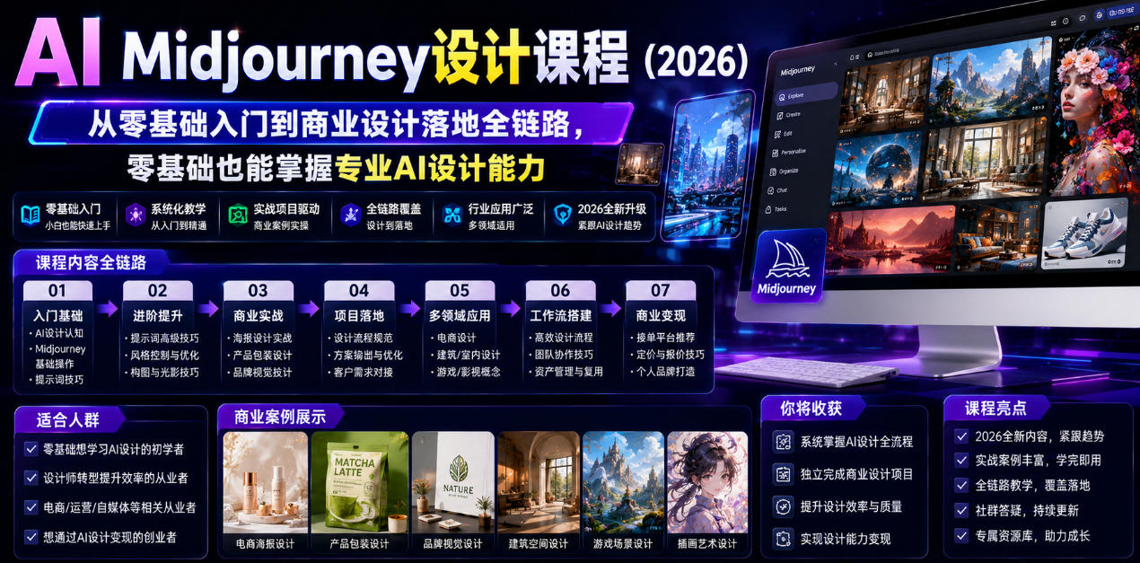 AI Midjourney设计课程（2026），从零基础入门到商业设计落地全链路，零基础也能掌握专业AI设计能力-黑斯坦丁项目网